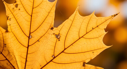 Close-up of a vibrant golden maple leaf showcasing the intricate vein structure and warm autumn colors.