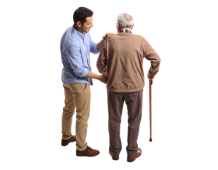 A young man assists an elderly man with a cane, demonstrating care and support in a moment of interaction.