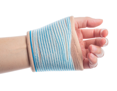 A hand wearing a blue and beige textured wrist support.