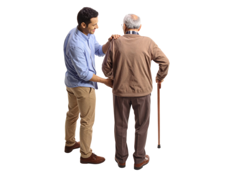 A young man assists an elderly man with a cane, demonstrating care and support in a moment of interaction. - Powered by Adobe