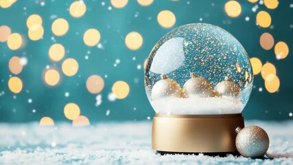 Festive snow globe with shimmering snow and golden ornaments against a bokeh background of warm holiday lights 4k video footage - Powered by Adobe