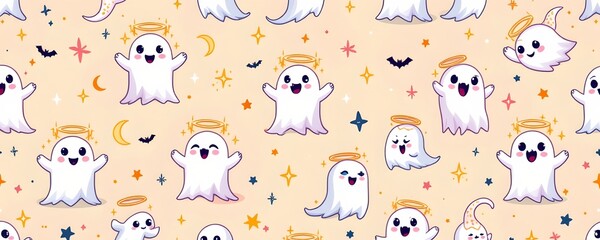 Whimsical Cartoon Ghosts with Stars and Moons Pattern