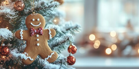 Festively Decorated Christmas Tree with Snow, Ornaments, and a Gingerbread Man Cookie Ornament