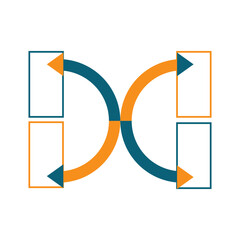 Creative infographic with interlocking curved arrows and boxes symbolizing connection, transition, and cyclical processes in modern business concepts.