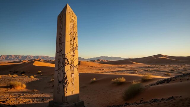 Ancient Obelisk Stands Tall in Desert Landscape at Sunrise.