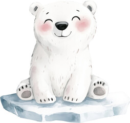 Watercolor illustration of a cute polar bear sitting on an ice floe, children's isolated illustration