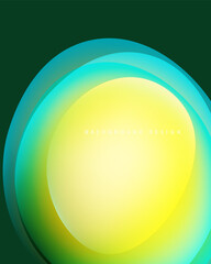 Abstract layers create vibrant circular design. Colors blend from green, turquoise, yellow. Simple background element.