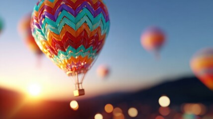Obraz premium Brightly colored hot air balloons float serenely against the backdrop of a stunning sunset. The sky is filled with vibrant hues as day transitions to night, creating a magical atmosphere
