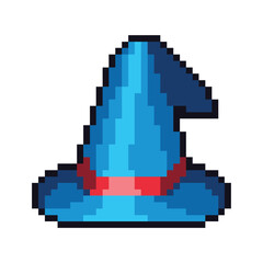 this mage hat icon in pixel art with blue color and white background ,this item good for presentations, stickers, icons, t shirt design,game asset,logo and your project.
