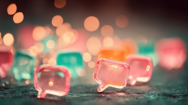 Bright and colorful speech bubbles are scattered across a dark surface, adding a vibrant touch to the scene. The lively arrangement suggests conversation and creativity in a dynamic setting