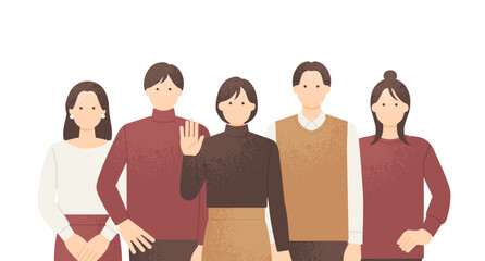 Obraz premium 楽しそうにポーズをとる秋服の男女5人グループ 上半身イラストセット