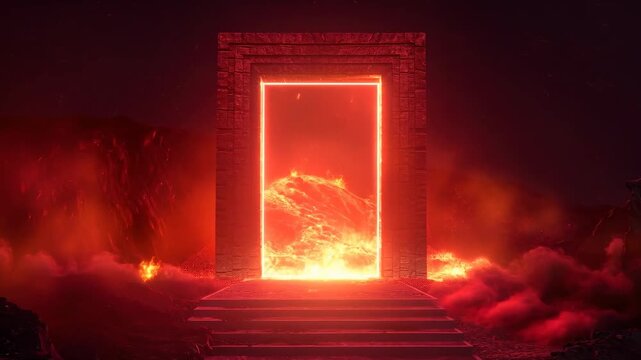 Hell gate portal with glowing orange light and steps leading to a fiery abyss, depicting a dark mystical underworld, slow motion footage.