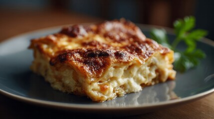 Golden, bubbly moussaka slice tempting nostalgia, Mediterranean comfort, autumn equinox feasting, culinary warmth with oregano whispers