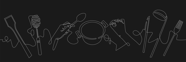 Culinary poster with utensils isolated on black background. Cooking art in continuous line drawing style. Vector illustration.