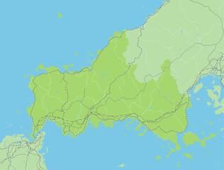 Fototapeta premium 日本の山口県と隣接する都道府県を含む、緑色のシンプルなロードマップ