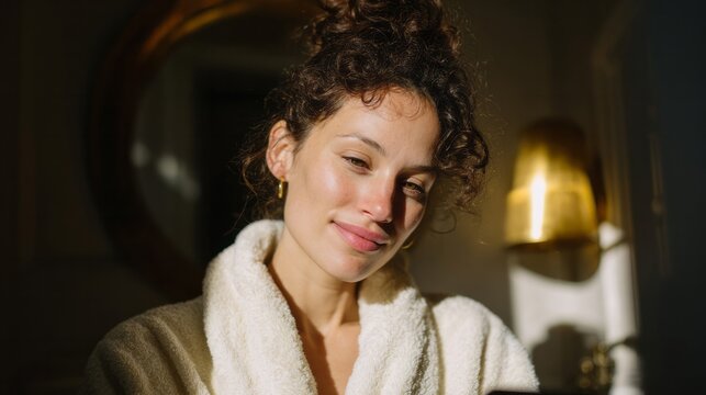 Sunlit serenity dances on a young womans face, embracing hygge comfort and Solstice warmth, cozy robe relaxation