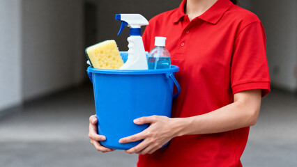 Person holding cleaning supplies in bucket