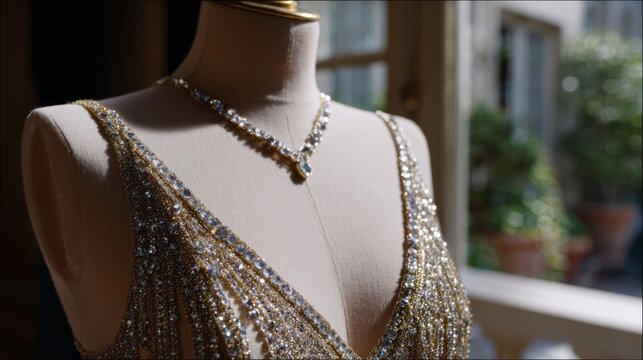 A shimmering gown adorned with delicate sequins sparkles in sunlight, evoking Gatsby elegance at a vintage jazz soiree