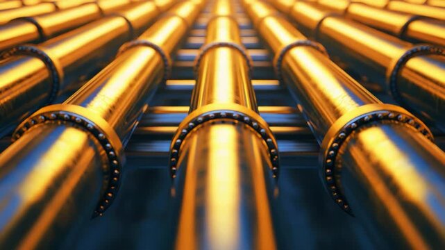 Industrial Pipeline System with Shiny Metallic Tubes and Warm Lighting Creating Stunning Visual Depth and Perspective 4k video footage