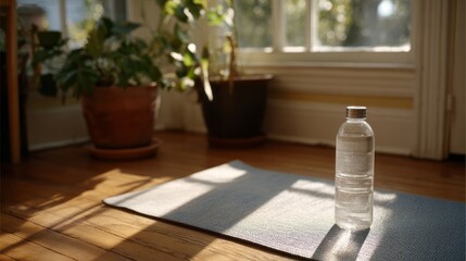 Serene yoga mat bathed in golden sunlight, bottled water glimmers; mindful hydration, International Day of Yoga, tranquil retreat