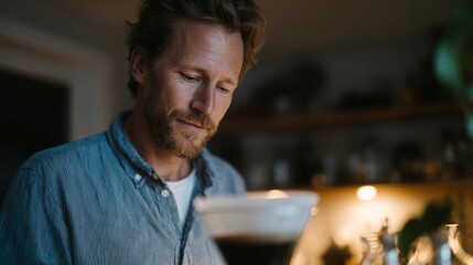 A contemplative Caucasian man brews coffee amidst cozy ambient glow, evoking Hygge coziness and International Coffee Day reverie