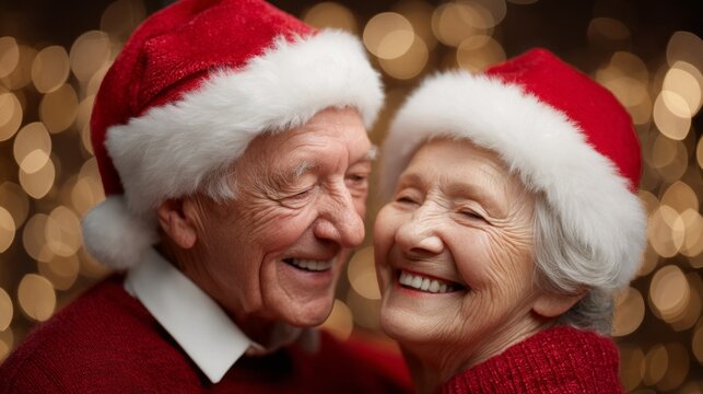 Loving elderly couple dancing together during a joyful holiday celebration in a cozy, festive setting