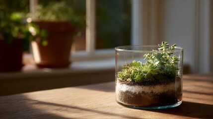 Glass terrarium bathing in golden dawn light, whispering miniature ecosystems on Earth Day and appreciating Tiny World Celebration