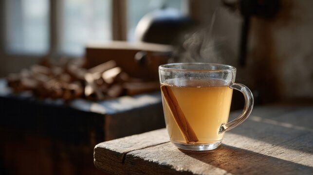 Steaming spiced cider with cinnamon stick, cozy autumnal retreat, Samhain warmth, rustic harvest, fireside gathering whispers