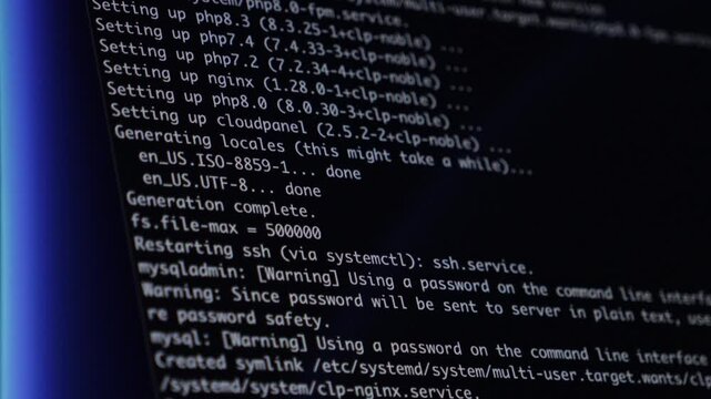 Dark computer screen displaying programming code and database commands, showing a successful schema update with executed queries, representing modern software development and data management