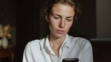 An introspective Caucasian woman gazes at her phone, capturing solitude's essence during Singles Day and National Day of Unplugging