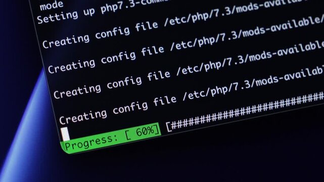 Computer screen showing 'Creating config file' and a green 'Progress: 59%', representing ongoing software development, system installation, and technical administration tasks. Zoom