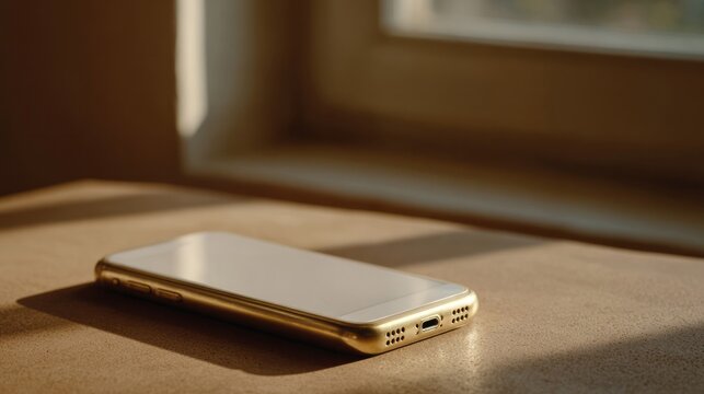 A golden smartphone reclines in sunlit repose, echoing tech tranquility, ideal for Workaholics Day or National Lazy Day