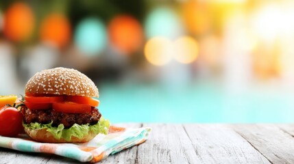 Juicy hamburger with fresh toppings by the poolside at sunset