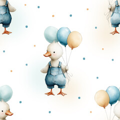 Seamless pattern with Duck, Cute Goose, Birthday Day, Seamless Fabric Design, Repeat Tile, White background, Printable Paper
