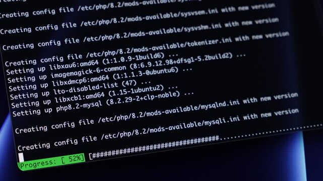 Digital screen displays command-line interface actively creating PHP configuration files, showing 51% progress for software installation, development, and administration