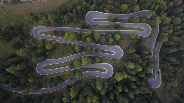 Hairpin turns on the Stelvio pass in Italy and Switzerland. Driving road.