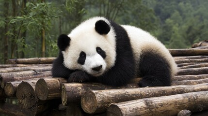 Obraz premium Giant panda resting peacefully in lush bamboo forest, symbol of wildlife conservation and endangered species protection in natural habitat