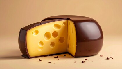 stylized Swiss cheese wheel with wedge cut out showing holes on beige background