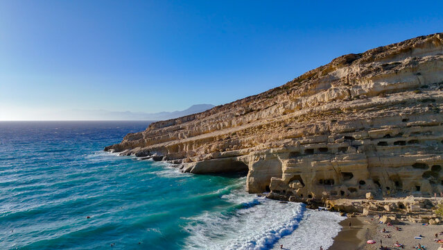 Matala Beach, Crete, Greece, aerial drone view