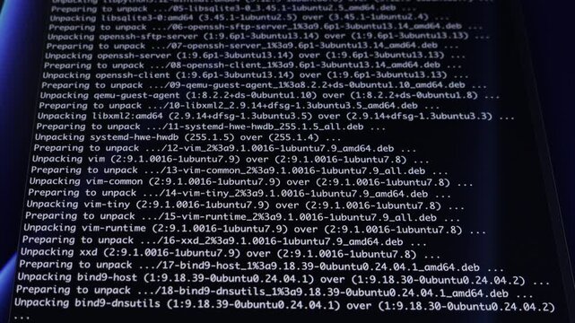 Dynamic programming code displaying software installation updates for Ubuntu on a dark terminal screen, symbolizing backend development, cybersecurity, and data processing