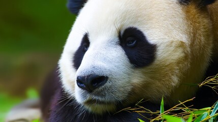 Fototapeta premium Giant panda resting peacefully in lush bamboo forest, symbol of wildlife conservation and endangered species protection in natural habitat