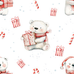 Teddy Bear Seamless Pattern, Christmas Fabric Design, Holidays