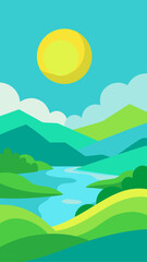 Fototapeta premium Illustration of a sunny landscape with river and hills