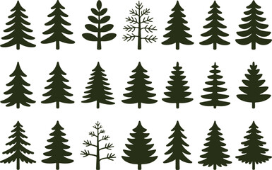 Collection of evergreen tree silhouettes featuring various pine, fir, and spruce shapes. Minimalist black vector illustration representing forest, nature, wilderness, and environmental themes for desi