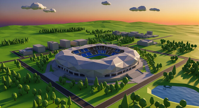 Low poly stadium arena design for sport event with green field and beautiful sky landscape rendering