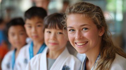 Taekwondo girls and boys posing with trainer torsos and belts shown expressions out dojo defocused youth sports martial arts team faceless background defocused discipline