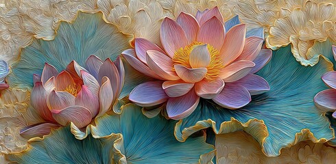 Glamourous lotus flower blossom illustration spring home decor wallpaper floral art with leaves for stunning interior design