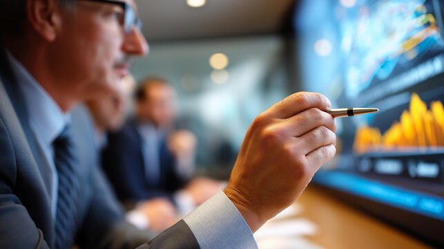 Manager at boardroom presenting financial report pointer on screen colleagues cropped below eyes projection wall softly defocused financial report KPI boardroom presenter
