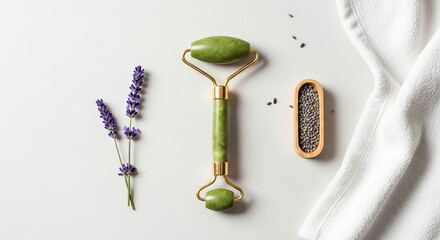 Jade roller, lavender flowers, and wooden comb on white background  