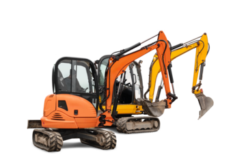 Three mini excavators, one orange and one yellow, stand isolated against a white background, showing their digging arms and tracks, ready for construction tasks.
